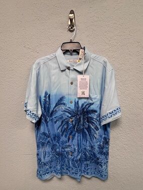 NWT Tommy Bahama Blue Gradient Palm-Print Button-Down Short Sleeve Shirt